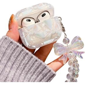 Compatible with AirPods 3rd Generation Case Cute Elegant Bow Ribbon Design with Glitter Keychain Luxury White Shell Pearl Protective Girls Women Cover for Airpod 3 Case Bow
