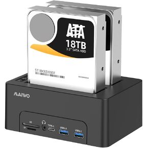 MAIWO 2 Bay Hard Drive Docking Station with Offline Clone for 2.5 3.5 Inch SATA HDD SSD, 1x HD-MI, 3X Type C, 1x USB3.1, 1x USB3.0, Ethernet, Audio, BT5.0, SD/TF Card Slot