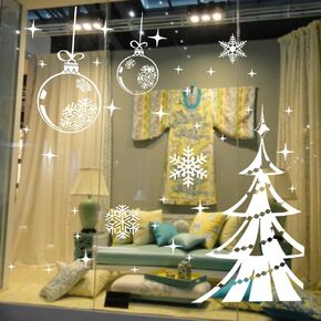 DNVEN Merry Christmas Wall Decals Christmas Trees Shining Balls with Snowflakes Ornaments Decorative Wall Stickers Door Window Stickers Glass Decals for Kids Rooms Nursery 48 inches x 32 inches
