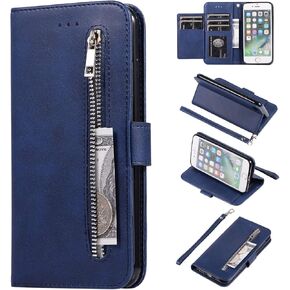 EYZUTAK Wallet Case for iPhone SE(5G) 2022 iPhone 7 iPhone 8 iPhone SE 2020, 5 Card Slots Magnetic Closure Zipper Pocket Handbag PU Leather Flip Case with Wrist Strap TPU Kickstand Cover - Red