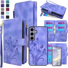 Lacass Case Wallet for Samsung Galaxy S24 6.2 inch 2024, [12 Card Slots] ID Credit Cash Holder Zipper Pocket Detachable Leather Wallet Cover with Wrist Strap Lanyard（Floral Light Purple）