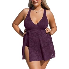 CUPSHE Women's One Piece Swimsuit Plus Size Bathing Suit Cross Back Mesh Hollow Out Split Swim Dress Leaf Texture, 1X, Everglade Green