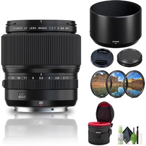 FUJIFILM GF 80mm f/1.7 R WR Lens (FUJIFILM G Mount) Bundle with Cleaning Kit + Lens Case + Professional MC 3 Piece Filter Kit, 77mm UV/CPL/F
