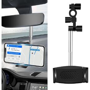 Pack-1 Car Rearview Mirror Mobile Phone Holder, 360 Degrees Rotation Without Blocking Line of Sight Navigation Base, Retractable Bracket Rod Accessory, for Most Car Models (Black)