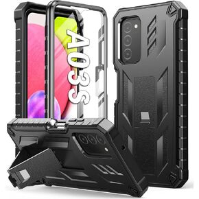 for Samsung Galaxy A03S Phone Case: Built in Hard Kickstand & Touch Protector Military Shockproof TPU Sturdy Soft Rugged Heavy Duty Armor Full Body Protection Grade Phone Cover - Black