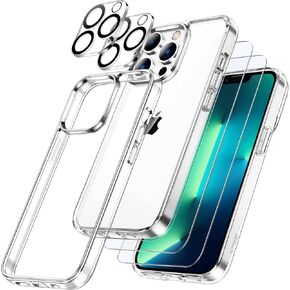 JETech 5 in 1 Case for iPhone 13 Pro Max 6.7-Inch, with 2-Pack Screen Protector and Camera Lens Protector, Non-Yellowing Shockproof Bumper Phone Cover, Full Coverage Tempered Glass Film (Clear)