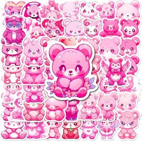 50 PCS Kawaii Kids Pink Bear Stickers and Decals, Pink Bear Stickers for Kids Teens Adults, Pink Bear Birthday Decorations Waterproof Vinyl Stickers for Water Bottle Laptop Luggage Guitar