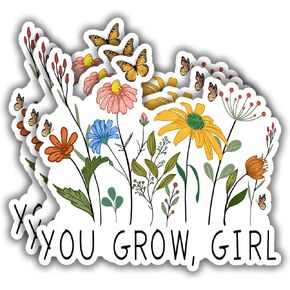 (3 pcs) You Grow, Girl Motivational Sticker for Tumbler, Floral Funny Sarcastic Phrase Inspirational Quote Vinyl Decal for Kindle Laptop Water Bottle Phone Hard Hat - 3x3