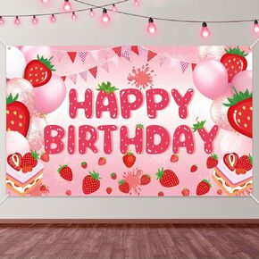 Strawberry Birthday Banner, Happy Birthday Party Decorations Colorful Backdrop Happy Birthday Yard Sign Background Indoor Outdoor Birthday Party Supplies for Boys Kids Girls