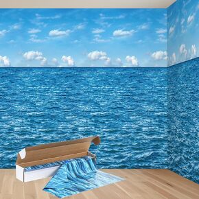 4.5x33 Ft Ocean Sky Wall Backdrop Decorations,Roll of Plastic Blue Ocean Sky White Clouds Photography Background,Under The Sea Natural Scenery Wallpaper Summer Weeding Birthday Pool Party Photo Props