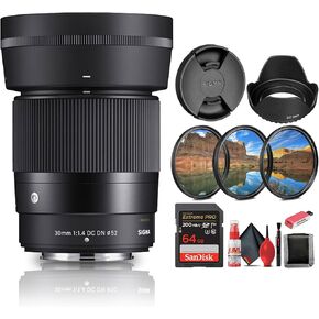 Sigma 30mm f/1.4 DC DN Contemporary Lens for Nikon Z Bundle Including 64 GB Memory Card + Memory Card Reader + Lens Cap + 3-Piece Filter Kit + Full Cleaning Kit and More