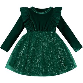 DREAM BUS Toddler Girl Christmas Dress Baby Girl Long Sleeve Ruffled Velvet Top Tulle Dress Special Occasion Dress