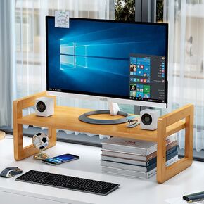 Bamboo Monitor Stand Riser, 2 Tier Monitor Stand, Desktop Storage Rack, Desktop Stand for Laptop, Tablet, Printer, Speaker, etc, Bamboo Color