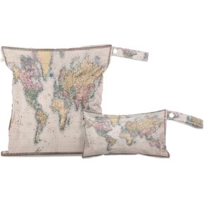 Vintage World Map Wet Dry Bag for Cloth Diaper Swimsuit, Educational World Map Waterproof Wet Bag Organizer Pouch with Zippered Pockets and Snap Handle Washable for Travel Daycare Gym, 2 Pack