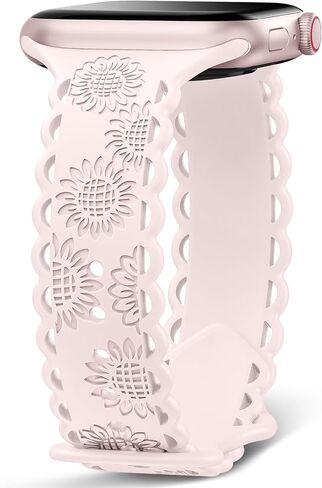 Sunflower Engraved Band Compatible with Apple Watch Band 40mm 41mm 38mm 42mm 44mm 45mm 49mm Women,Lace Hollow-out Sport Soft Floral Silicone Strap for iWatch Series 9 8 6 5 4 3 2 1 SE Ultra Ultra 2 in Saudi Arabia