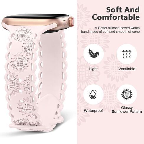 Sunflower Engraved Band Compatible with Apple Watch Band 40mm 41mm 38mm 42mm 44mm 45mm 49mm Women,Lace Hollow-out Sport Soft Floral Silicone Strap for iWatch Series 9 8 6 5 4 3 2 1 SE Ultra Ultra 2 in Saudi Arabia