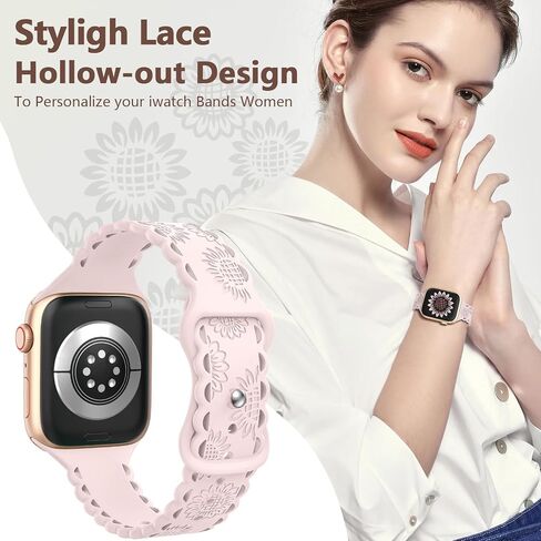 Sunflower Engraved Band Compatible with Apple Watch Band 40mm 41mm 38mm 42mm 44mm 45mm 49mm Women,Lace Hollow-out Sport Soft Floral Silicone Strap for iWatch Series 9 8 6 5 4 3 2 1 SE Ultra Ultra 2 in Saudi Arabia