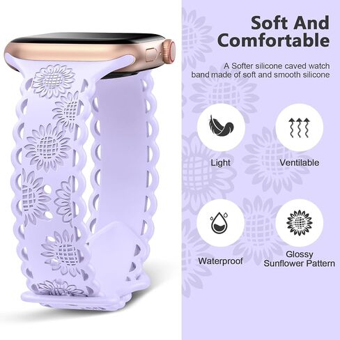 Sunflower Engraved Band Compatible with Apple Watch Band 40mm 41mm 38mm 42mm 44mm 45mm 49mm Women,Lace Hollow-out Sport Soft Floral Silicone Strap for iWatch Series 9 8 6 5 4 3 2 1 SE Ultra Ultra 2 in Saudi Arabia