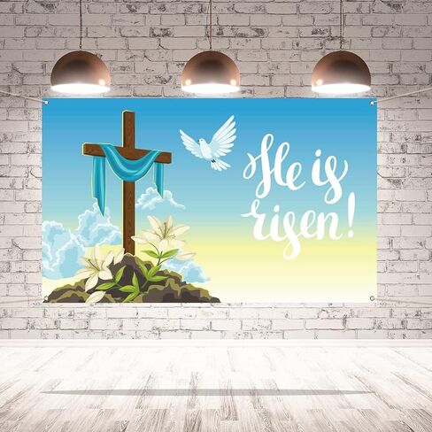 Pudodo He is Risen لافتة خلفية لعيد الفصح المسيحي والصليب الزنبق الديني لحفلات العطلات والتصوير الفوتوغرافي لتزيين الحائط (3.6 × 5.9 قدم) in Kuwait