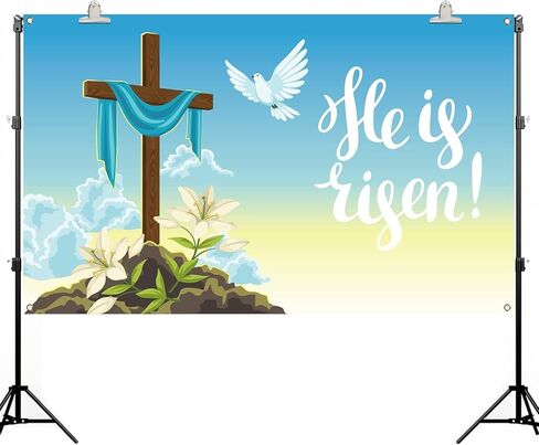 Pudodo He is Risen لافتة خلفية لعيد الفصح المسيحي والصليب الزنبق الديني لحفلات العطلات والتصوير الفوتوغرافي لتزيين الحائط (3.6 × 5.9 قدم) in Kuwait