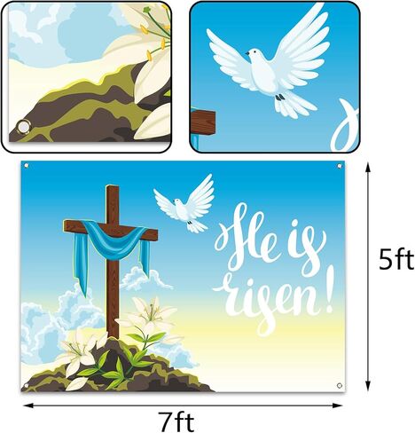 Pudodo He is Risen لافتة خلفية لعيد الفصح المسيحي والصليب الزنبق الديني لحفلات العطلات والتصوير الفوتوغرافي لتزيين الحائط (3.6 × 5.9 قدم) in Kuwait