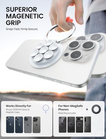 Magnetic Suction Cup Phone Ring Grip, Phone Suction Grip for MagSafe with Adjustable Ring Stand, Hands-Free Suction Phone Case for iPhone 15/14/13/12 Series for Make Up & Selfies Classic White in Kuwait