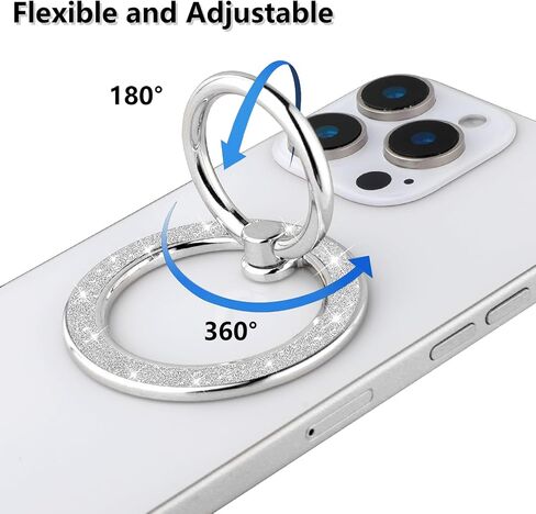 Glitter Magnetic Phone Ring Holder for iPhone 15 14 13 12 Pro Max Plus Series Magsafe Accessories, 360° Rotatable Finger Grip Kickstand Wireless Charging，Silver in Saudi Arabia