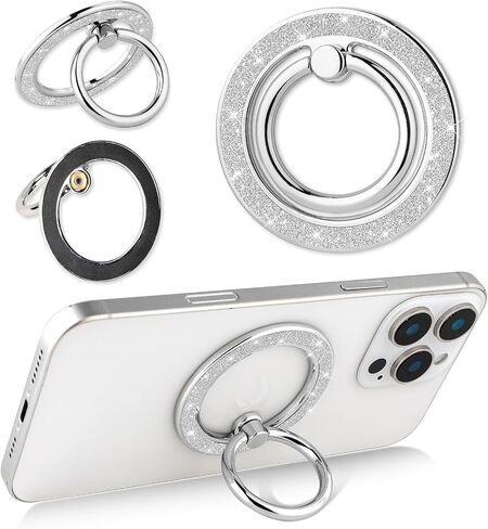 Glitter Magnetic Phone Ring Holder for iPhone 15 14 13 12 Pro Max Plus Series Magsafe Accessories, 360° Rotatable Finger Grip Kickstand Wireless Charging，Silver in Saudi Arabia