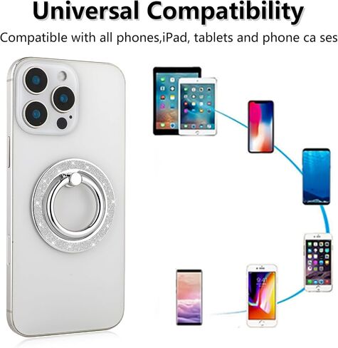 Glitter Magnetic Phone Ring Holder for iPhone 15 14 13 12 Pro Max Plus Series Magsafe Accessories, 360° Rotatable Finger Grip Kickstand Wireless Charging，Silver in Saudi Arabia