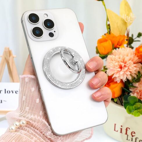 Glitter Magnetic Phone Ring Holder for iPhone 15 14 13 12 Pro Max Plus Series Magsafe Accessories, 360° Rotatable Finger Grip Kickstand Wireless Charging，Silver in Saudi Arabia