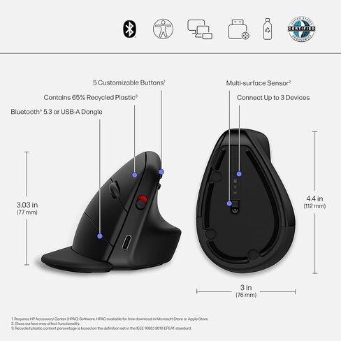 HP 920 ماوس عمودي مريح لاسلكي بلوتوث 5.3 ودونجل USB، 5 أزرار قابلة للبرمجة، بطارية 16 أسبوع، أجهزة متعددة، أنظمة تشغيل متعددة (متجددة) in Saudi Arabia
