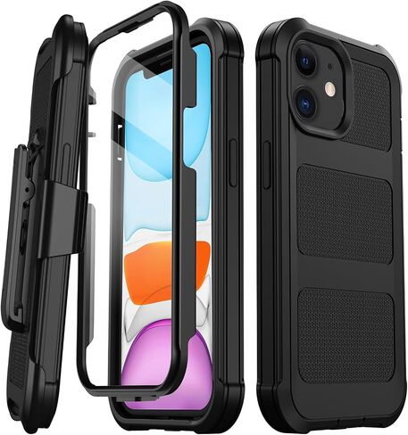 for iPhone 11 Case, [Built-in Screen Protector] Military Grade Drop Protection Cover Heavy Duty Rugged Shockproof Phone Case for iPhone 11 with Kickstand & Belt Clip Holster 6.1" (Wine) in Saudi Arabia