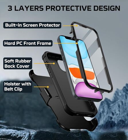 for iPhone 11 Case, [Built-in Screen Protector] Military Grade Drop Protection Cover Heavy Duty Rugged Shockproof Phone Case for iPhone 11 with Kickstand & Belt Clip Holster 6.1" (Wine) in Saudi Arabia