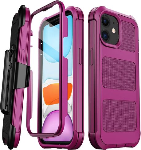 for iPhone 11 Case, [Built-in Screen Protector] Military Grade Drop Protection Cover Heavy Duty Rugged Shockproof Phone Case for iPhone 11 with Kickstand & Belt Clip Holster 6.1" (Wine) in Saudi Arabia