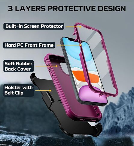 for iPhone 11 Case, [Built-in Screen Protector] Military Grade Drop Protection Cover Heavy Duty Rugged Shockproof Phone Case for iPhone 11 with Kickstand & Belt Clip Holster 6.1" (Wine) in Saudi Arabia