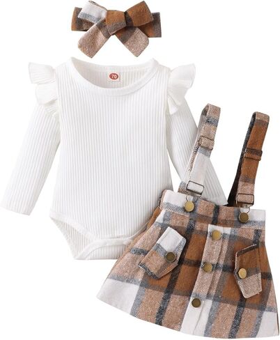 Douhoow Infant Girl Fall Outfits Baby Girl Romper Plaid Suspender Dress Skirt with Headband 3Pcs Festival Clothes in Kuwait