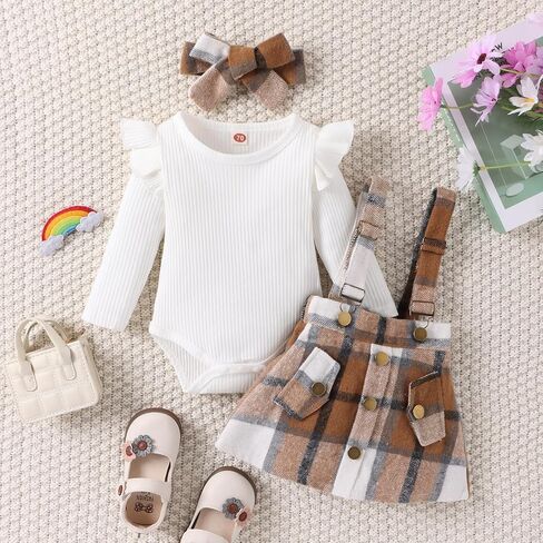 Douhoow Infant Girl Fall Outfits Baby Girl Romper Plaid Suspender Dress Skirt with Headband 3Pcs Festival Clothes in Kuwait