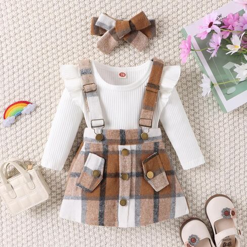 Douhoow Infant Girl Fall Outfits Baby Girl Romper Plaid Suspender Dress Skirt with Headband 3Pcs Festival Clothes in Kuwait