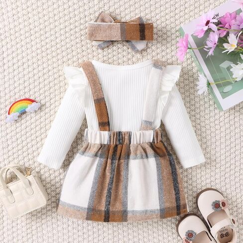 Douhoow Infant Girl Fall Outfits Baby Girl Romper Plaid Suspender Dress Skirt with Headband 3Pcs Festival Clothes in Kuwait