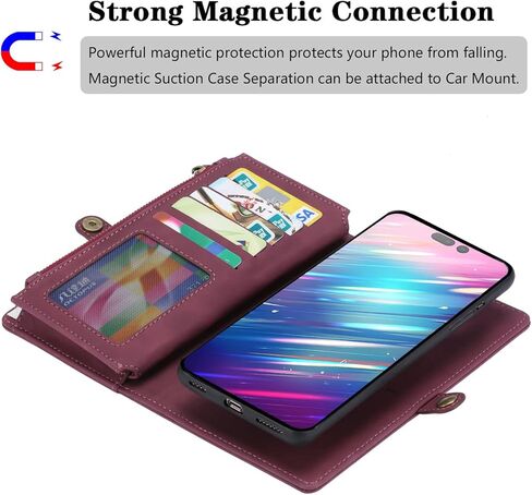 iPhone 14 Pro Flip Leather Wallet Detachable Case Card Slots Holder Zipper Purse Magnetic Cover Hand Strap Cash Pocket Pouch Wallet for iPhone 14 Pro Wonman Man (Brown) in Kuwait