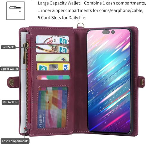 iPhone 14 Pro Flip Leather Wallet Detachable Case Card Slots Holder Zipper Purse Magnetic Cover Hand Strap Cash Pocket Pouch Wallet for iPhone 14 Pro Wonman Man (Brown) in Kuwait