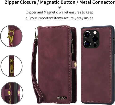 iPhone 14 Pro Flip Leather Wallet Detachable Case Card Slots Holder Zipper Purse Magnetic Cover Hand Strap Cash Pocket Pouch Wallet for iPhone 14 Pro Wonman Man (Brown) in Kuwait