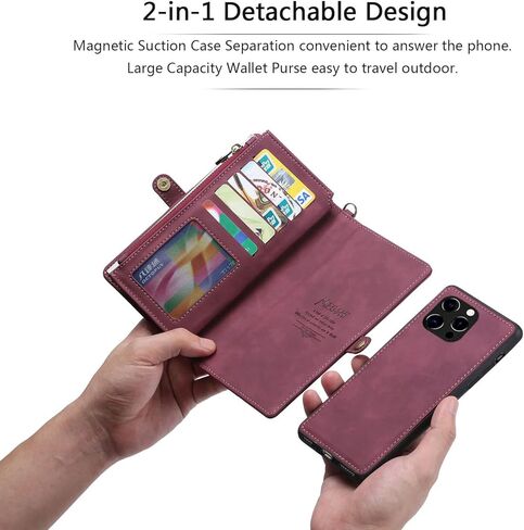 iPhone 14 Pro Flip Leather Wallet Detachable Case Card Slots Holder Zipper Purse Magnetic Cover Hand Strap Cash Pocket Pouch Wallet for iPhone 14 Pro Wonman Man (Brown) in Kuwait