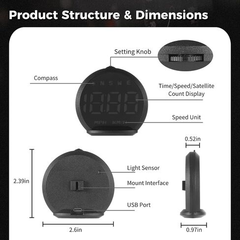 GPS Speedometer, LED Head Up Display for Cars, Digital GPS Speedometer with Compass Clock, Overspeed Alarm Fatigue Driving Reminder, USB 5V Powered Compatible with All Vehicles in Saudi Arabia