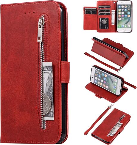 EYZUTAK Wallet Case for iPhone SE(5G) 2022 iPhone 7 iPhone 8 iPhone SE 2020, 5 Card Slots Magnetic Closure Zipper Pocket Handbag PU Leather Flip Case with Wrist Strap TPU Kickstand Cover - Red in Saudi Arabia