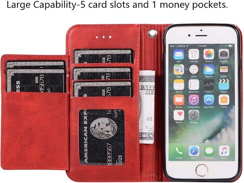 EYZUTAK Wallet Case for iPhone SE(5G) 2022 iPhone 7 iPhone 8 iPhone SE 2020, 5 Card Slots Magnetic Closure Zipper Pocket Handbag PU Leather Flip Case with Wrist Strap TPU Kickstand Cover - Red in Saudi Arabia