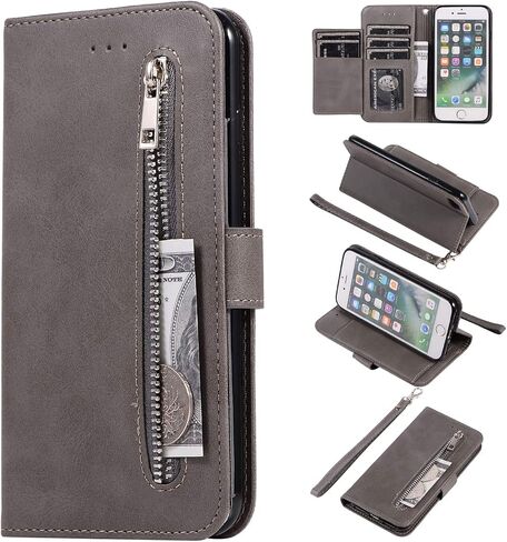 EYZUTAK Wallet Case for iPhone SE(5G) 2022 iPhone 7 iPhone 8 iPhone SE 2020, 5 Card Slots Magnetic Closure Zipper Pocket Handbag PU Leather Flip Case with Wrist Strap TPU Kickstand Cover - Red in Saudi Arabia