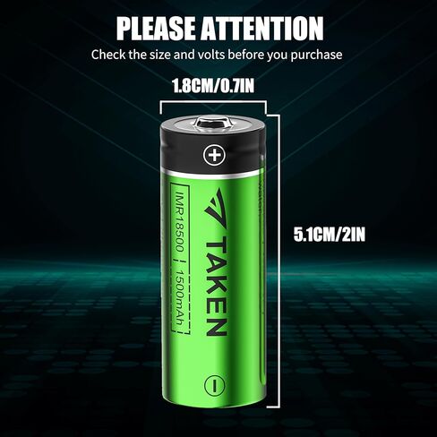 Taken 18500 Rechargeable Batteries, 3.7V 1500mAh Li-ion IMR 18500 Battery with Button Top for Flashlight, Solar Garden Light - 8 Pack in Kuwait