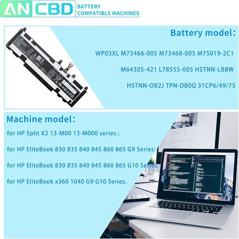 WP03XL M73466-005 بطارية كمبيوتر محمول ل HP Elitebook 830 840 845 860 865 1040 G9 G10 EliteBook x360 1040 G9 G10 سبليت X2 13-M00 13-M000 سلسلة M73466-005 L78555-005 HSTNN-LB8W TPN-DB0Q 11. 58 فولت 51 واط ساعة. in Saudi Arabia