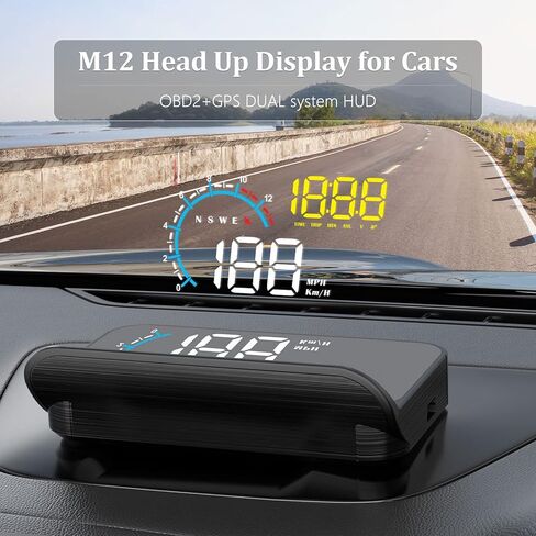 M12 Heads up Display Windshield Projector, Digital Speedometer for car, OBD2/GPS Speedometer with Speed, Overspeed Warning, Display Water Temperature, Direction, Suitable for All Vehicles. in Saudi Arabia